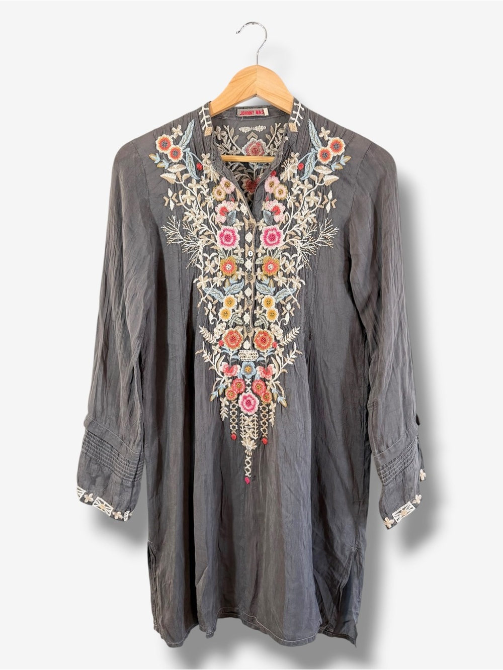 Johnny Was Gray Button Embroidered Tunic XS Floral Long Sleeve Boho Lagenlook